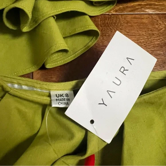 NWT Yaura Titi Green Linen Blend Ruffle Cutout Midi Dress Size 4 Small - Picture 7 of 10